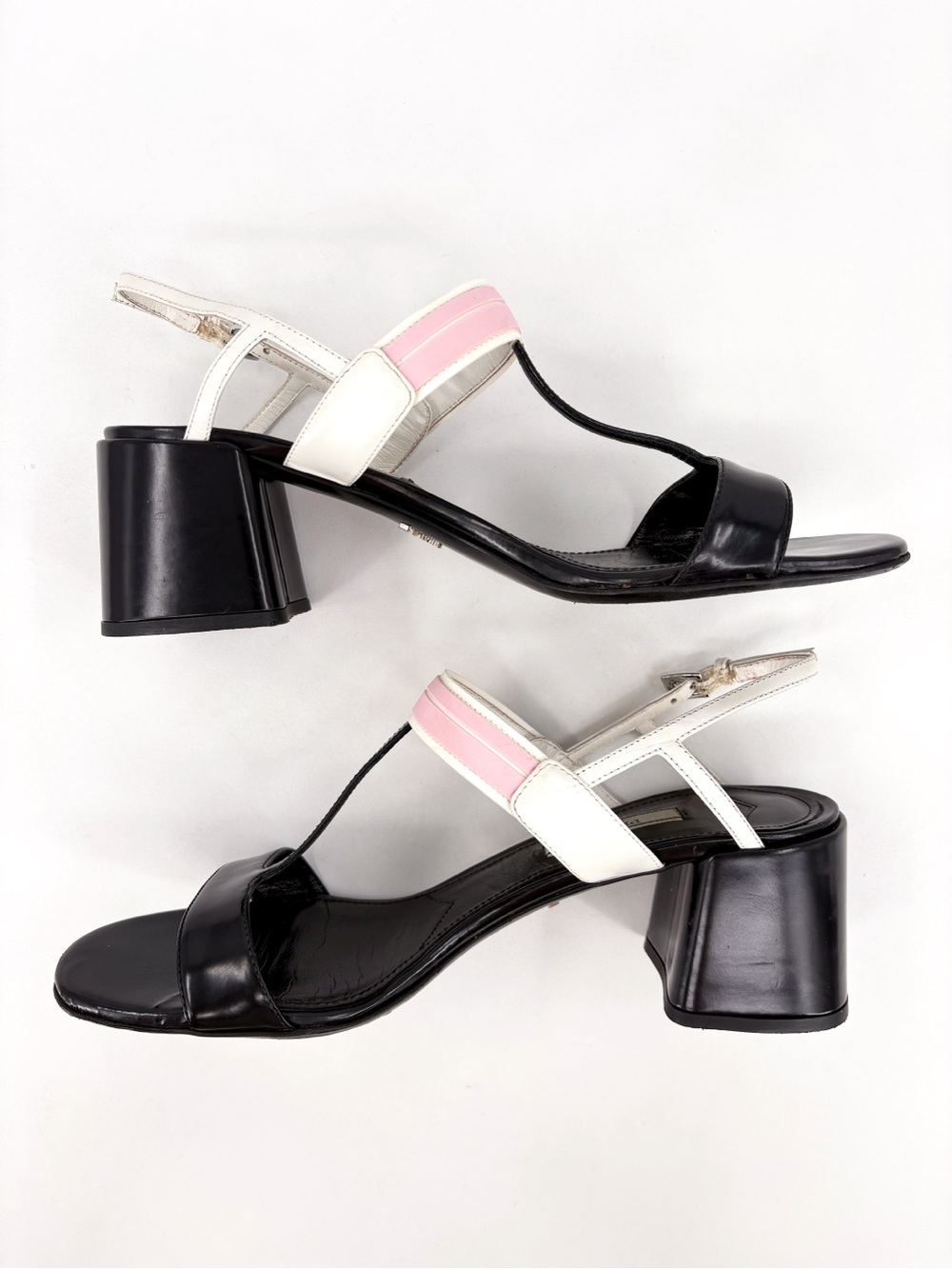 PRADA T-Strap Slingback Block Heel Sandals in White Black EU 38 US 8 - Picture 8 of 13